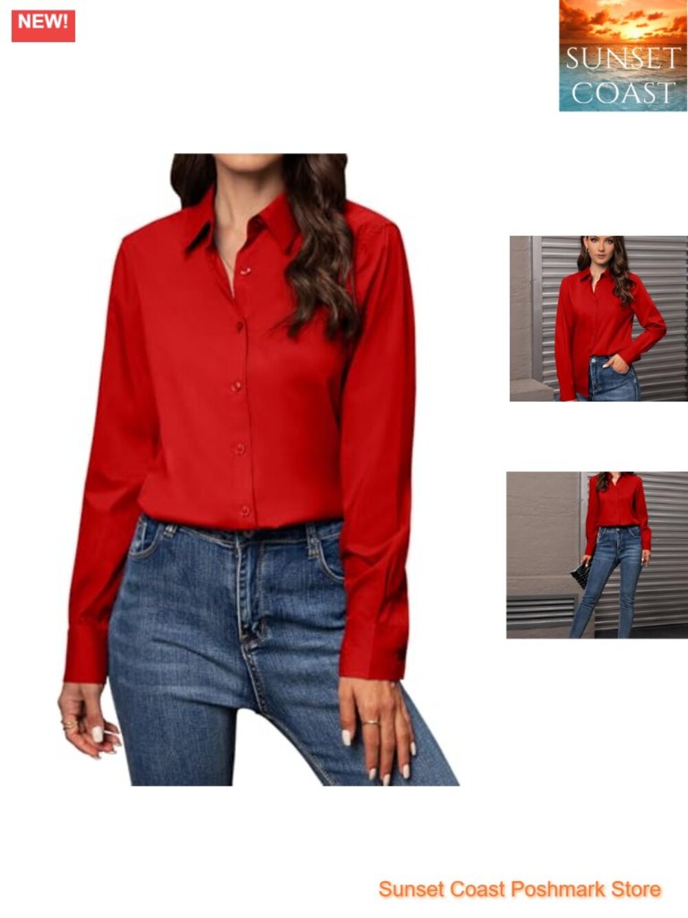 Women's Cotton Button Down Shirt V-Neck Long Sleeve Wrinkle Resistant